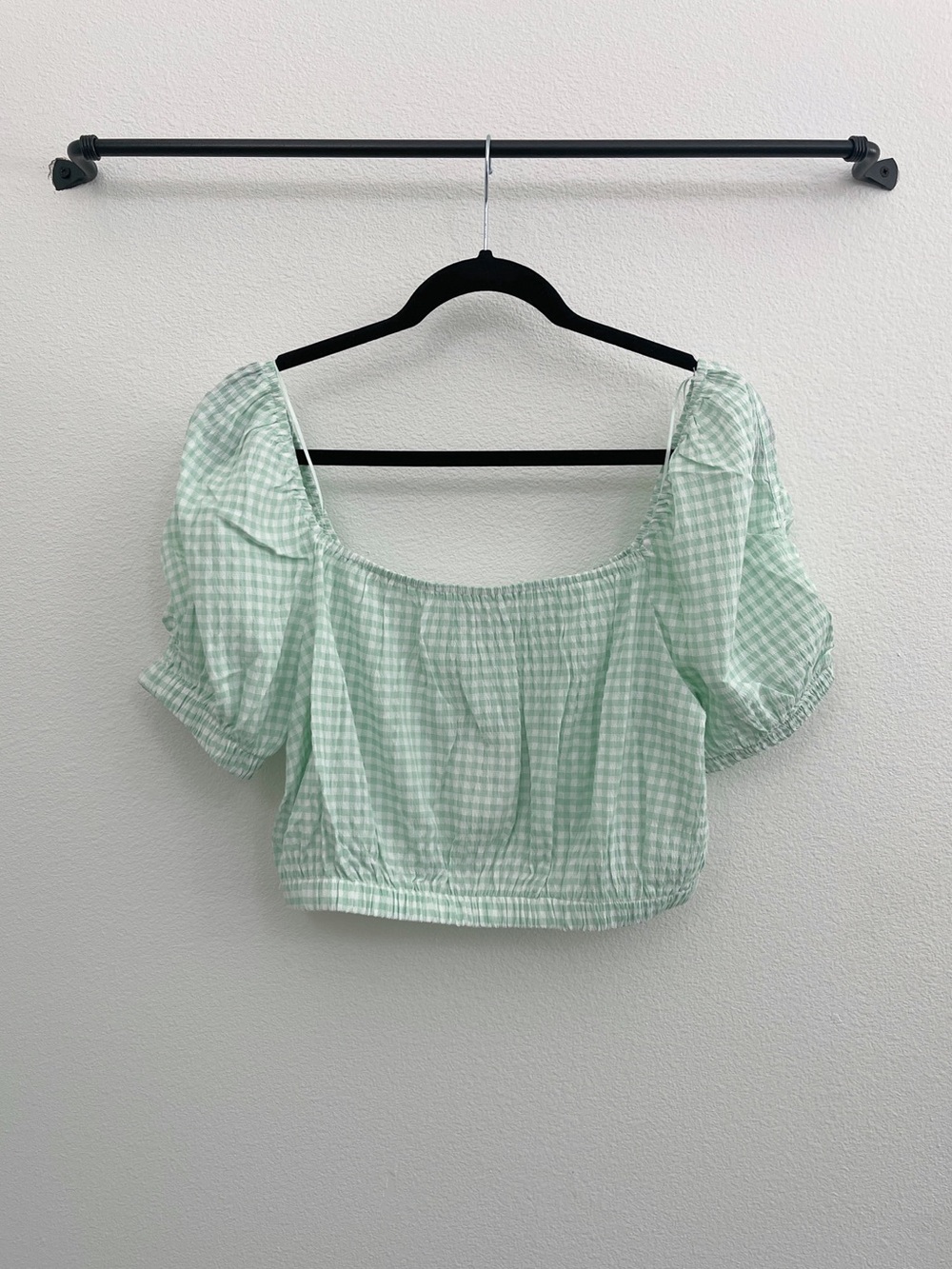 NWT 🏷️ Elodie by Anthropologie Mint Gingham Square-Neck Puff Sleeve Crop Top - Picture 1 of 6